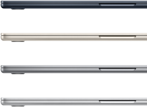Four MacBook Air laptops showing the finish colours available: Midnight, Starlight, Space Grey and Silver