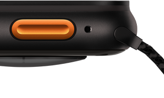 Apple Watch Ultra 3, black colour, titanium case, convex sensor on back, left side exterior, Action button, siren