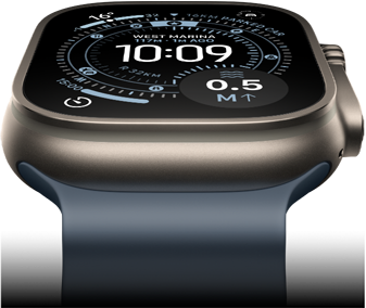 Apple Watch Ultra 3 tilted forward, natural titanium case, compass on Orienteering watch face, anchor blue Ocean Band