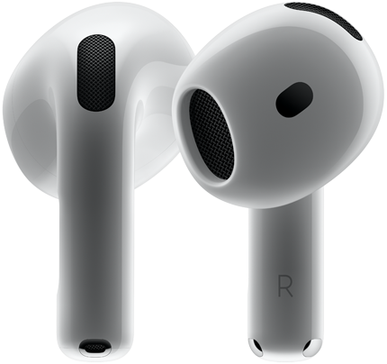 AirPods 4 hardware, showing front and back view showcasing new design