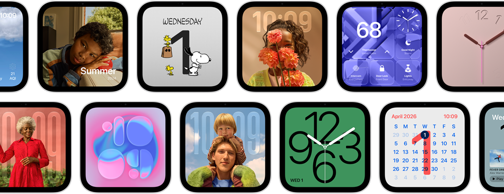 Apple HomeView, multiple devices: displaying various faces, including digital and analog clock styles with wallpapers featuring a variety of photos and illustrations