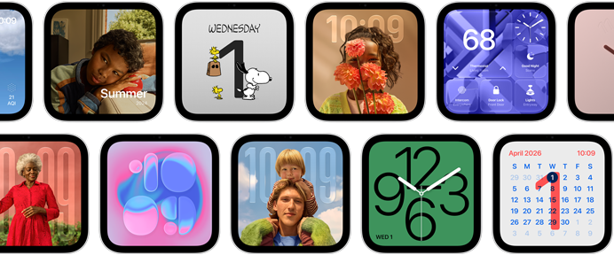 Apple HomeView, multiple devices: displaying various faces, including digital and analog clock styles with wallpapers featuring a variety of photos and illustrations