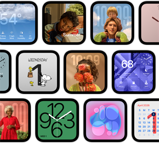 Apple HomeView, multiple devices: displaying various faces, including digital and analog clock styles with wallpapers featuring a variety of photos and illustrations