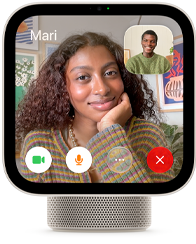 Apple HomeView, starlight (pale gold) color, front exterior, showing a FaceTime video call screen displaying one person in the main view and another person in an inset window, with control buttons at bottom of screen