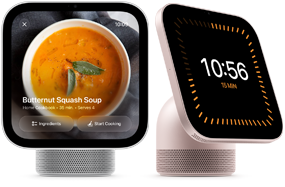 Apple HomeView, two devices: silver color, displaying butternut squash soup recipe, rose pink color, showing timer displaying 10 minutes and 56 seconds
