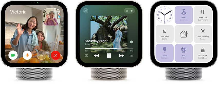 Apple HomeView, three devices, front exterior, from left to right: silver color, displaying FaceTime call with multiple participants, starlight color (pale gold), showing Apple Music app, and space gray color, displaying a grid of nine smart home controls