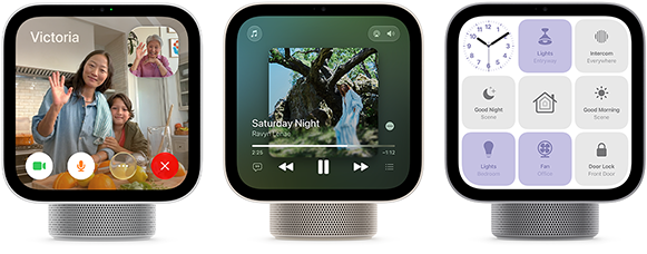 Apple HomeView, three devices, front exterior, from left to right: silver color, displaying FaceTime call with multiple participants, starlight color (pale gold), showing Apple Music app, and space gray color, displaying a grid of nine smart home controls