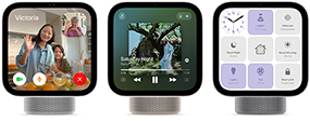 Apple HomeView, three devices, front exterior, from left to right: silver color, displaying FaceTime call with multiple participants, starlight color (pale gold), showing Apple Music app, and space gray color, displaying a grid of nine smart home controls