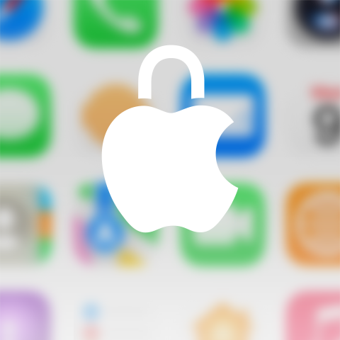 Apple privacy logo with a lock icon, white on a blurred background of the Apple HomeView home screen