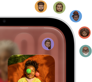 Closeup of Apple HomeView display, showing home screen with Apple app icons and photo. A user's Memoji icon is displayed in the top right corner of the HomeView display, with five additional Memoji icons appearing outside the display representing the ability to switch between multiple users