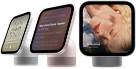 Apple HomeView, three devices all displaying Apple Music app album artwork and lyrics, from left to right, silver color, side exterior, rose pink color, side exterior, space gray color, front exterior