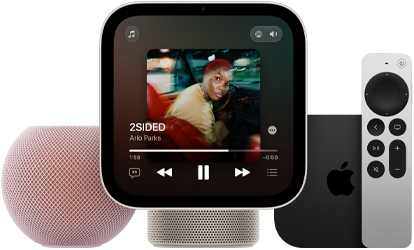HomePod mini 2 speaker pink color, mesh fabric exterior, Apple HomeView device, starlight (pale gold) color, front exterior, displaying Apple Music app, Apple TV 4K, top exterior, black color with Apple logo, shown with Siri remote, silver color, front exterior