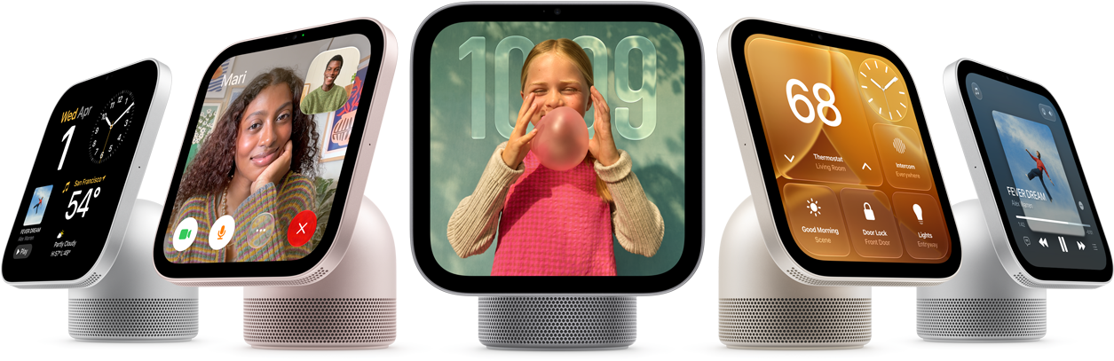Apple HomeView, five devices in an arc, from left to right: silver color, side exterior, displaying various information and controls, rose pink color, side exterior, showing FaceTime call with two people, space gray color, front exterior, semi-transparent time of day displayed on an image of a person blowing a bubble, starlight color (pale gold), side exterior, displaying the temperature and various home controls, silver color, side exterior, showing Apple Music app