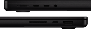 Showing the ports on MacBook Pro — left side: MagSafe, two Thunderbolt ports and headphone jack — right side: SDXC, one Thunderbolt port and HDMI