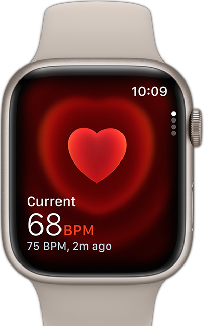 A front view of the Apple Watch showing someone’s heart rate.