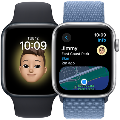 Two Apple Watch SE models. One displays a user’s memoji wallpaper. The other a Maps app screen displaying the same user’s location.
