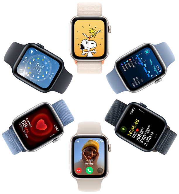 An overhead view of six Apple Watch SE screens displaying a Snoopy wallpaper, Sleep app insights, Workout app metrics, an incoming call, heart rate and Weather app.