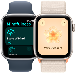 Two Apple Watch SE models. One displays the Mindfulness app screen with State of Mind highlighted. The other displays “Very Pleasant” state of mind selection.