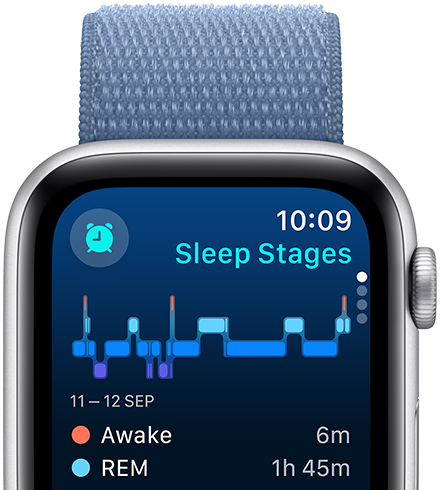 Sleep app screen displaying Sleep stages, minutes awake and minutes in REM sleep.