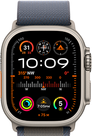 Apple Watch Ultra 2 shown attached to blue Alpine Loop, displaying watch face with complications including GPS, temperature, compass, altitude, and fitness metrics