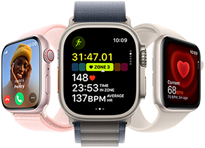 Apple Watch Series 9 facing slightly left, Apple Watch Ultra 2 facing forward and Apple Watch SE facing slightly right
