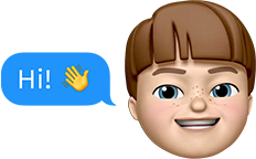 A Memoji of a child next to a text message that says “Hi!” followed by a hand-waving emoji