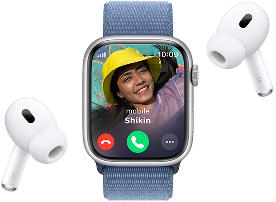 Apple Watch Series 9 showing an incoming call screen with AirPods Pro nearby