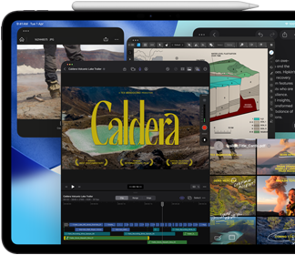 iPad Pro, front exterior, landscape orientation, space black colour, Apple Pencil resting atop device, display showing multiple app windows tiled, including Final Cut Pro with multiple video editing features and timeline, Maps, Notes and various media clips