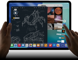 iPad Pro, space black colour, left hand holding device, right hand pointing gesturing to manipulate multiple open app windows, a drawing app with sketches of mechanical designs, photos library of planets and space images, downloads folder files fanned out