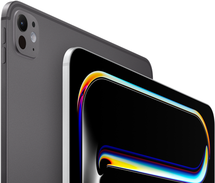 iPad Pro, back side exterior, space black colour, volume buttons and pro camera system, iPad Pro, front side exterior, silver colour, rounded corners, black display bezel, display showing black background with multicoloured abstract line art