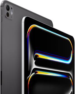 iPad Pro, back side exterior, space black colour, volume buttons and pro camera system, iPad Pro, front side exterior, silver colour, rounded corners, black display bezel, display showing black background with multicoloured abstract line art