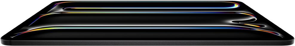 iPad Pro, front exterior, space black colour, aluminium and glass enclosure, thin profile, tilted back with display showing multicoloured line art