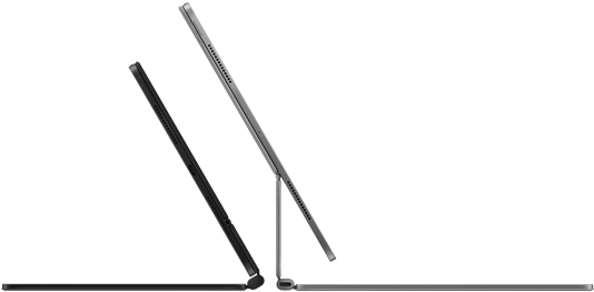 Two iPad Pro devices attached to Magic Keyboard, side exterior, thin profile, space black colour with speakers and USB-C port, tilted half open, silver colour, open, tilted back showing the keyboard’s floating cantilever design, speakers and microphone