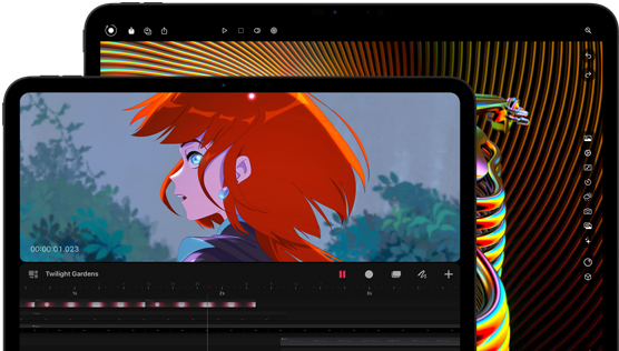 13-inch iPad Pro and 11-inch iPad Pro, front exterior, landscape orientation, space black colour, rounded corners, black display bezel, 11-inch display showing a vibrant image of a character with red hair, 13-inch display showing colourful photo editing interface elements