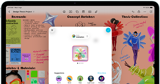 iPad Air, front exterior, landscape orientation, volume-up button, volume-down button, power button, screen displays a colourful app interface with various icons