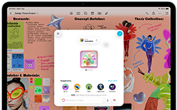 iPad Air, front exterior, landscape orientation, volume-up button, volume-down button, power button, screen displays a colourful app interface with various icons