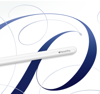 Apple Pencil Pro, white, shown on a white background with blue swirls