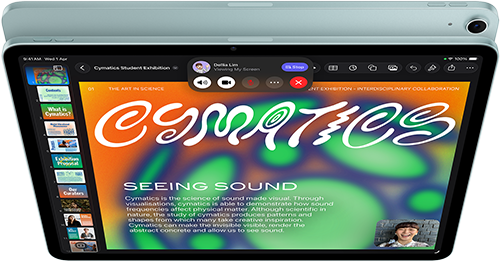 iPad Air, Blue colour, top exterior, screen showing Keynote app on screen sharing feature during FaceTime video call, back exterior, 12MP Wide back camera, volume-up button, volume-down button