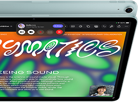 iPad Air, Blue colour, top exterior, screen showing Keynote app on screen sharing feature during FaceTime video call, back exterior, 12MP Wide back camera, volume-up button, volume-down button