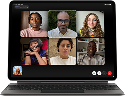 iPad Air, attached to Magic Keyboard, Black colour, Group FaceTime call on screen