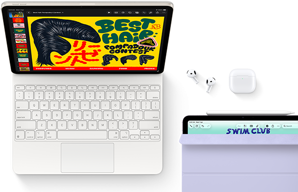 iPad Air, Starlight colour, colourful graphics on screen, attached to Magic Keyboard, AirPods Pro and Apple Pencil Pro accessories