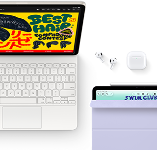 iPad Air, Starlight colour, colourful graphics on screen, attached to Magic Keyboard, AirPods Pro and Apple Pencil Pro accessories