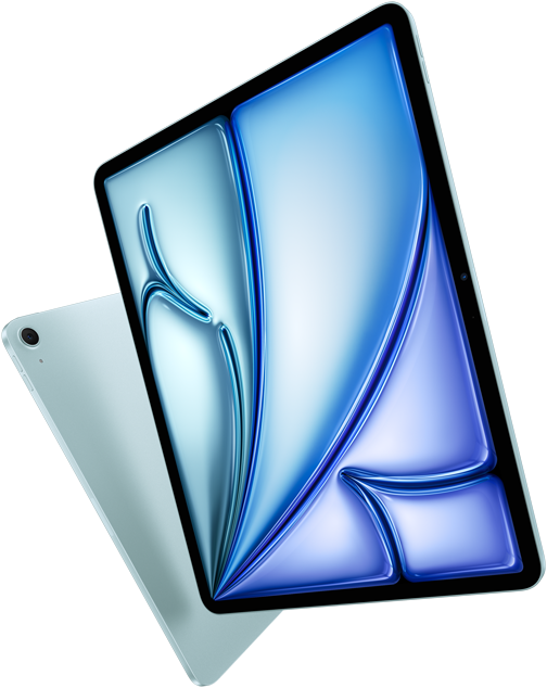 Front angle of 13-inch iPad Air, colourful display on screen, 11-inch iPad Air with back exterior and 12MP Wide back camera