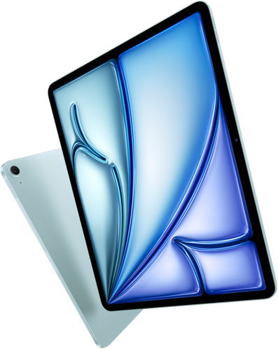 Front angle of 13-inch iPad Air, colourful display on screen, 11-inch iPad Air with back exterior and 12MP Wide back camera