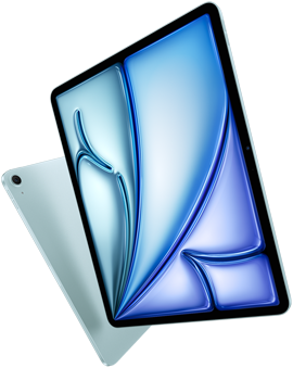 Front angle of 13-inch iPad Air, colourful display on screen, 11-inch iPad Air with back exterior and 12MP Wide back camera