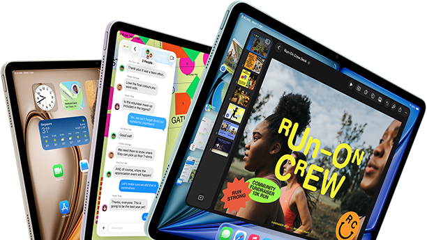 Three iPad Air displays in fan-like arrangement, colours: Blue, Purple, Starlight, front exterior, side exterior, screens show Keynote app, Messages and Home Screen