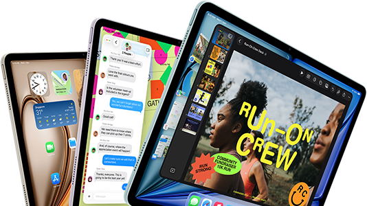 Three iPad Air displays in fan-like arrangement, colours: Blue, Purple, Starlight, front exterior, side exterior, screens show Keynote app, Messages and Home Screen