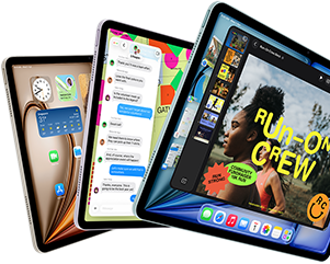 Three iPad Air displays in fan-like arrangement, colours: Blue, Purple, Starlight, front exterior, side exterior, screens show Keynote app, Messages and Home Screen