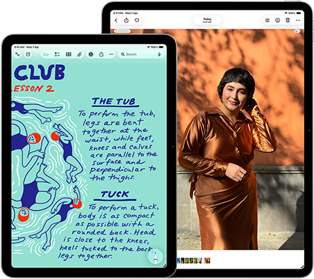 Two iPad Air, sizes: 11-inch and 13-inch, 11-inch shows colourful text on the Notes app, 13-inch screen shows a photo of a person on the Photos app