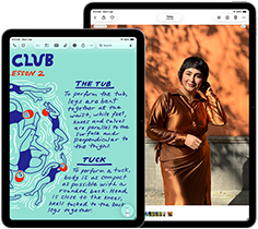 Two iPad Air, sizes: 11-inch and 13-inch, 11-inch shows colourful text on the Notes app, 13-inch screen shows a photo of a person on the Photos app